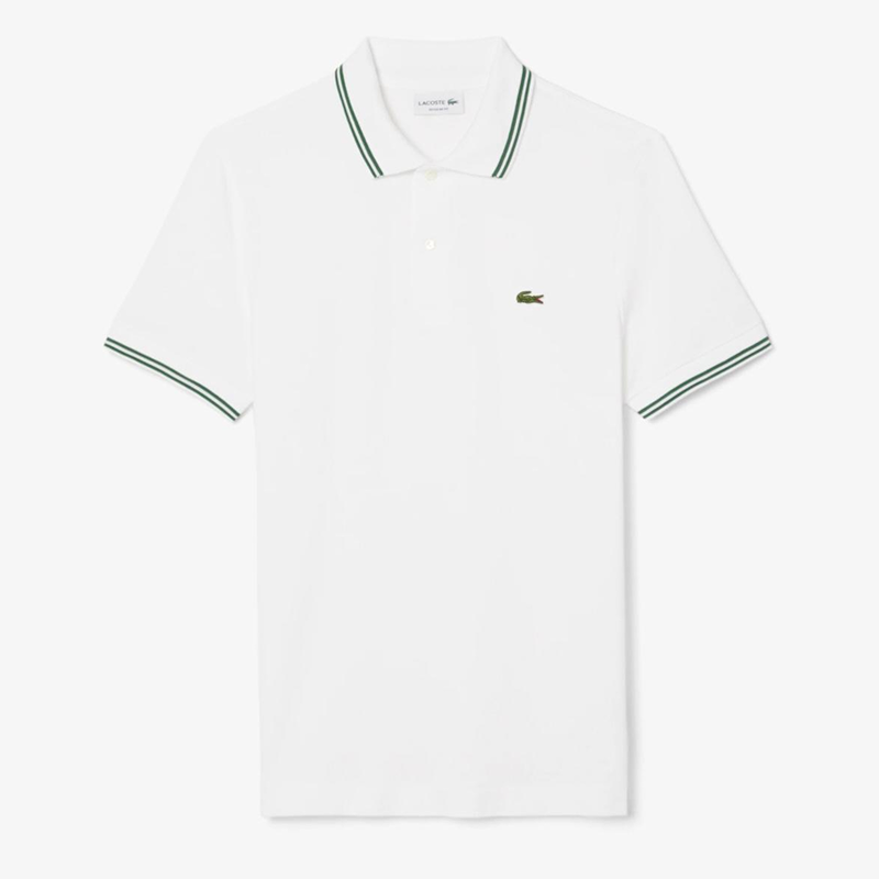 Lacoste Striped Accents Piqué Polo (White / Green)